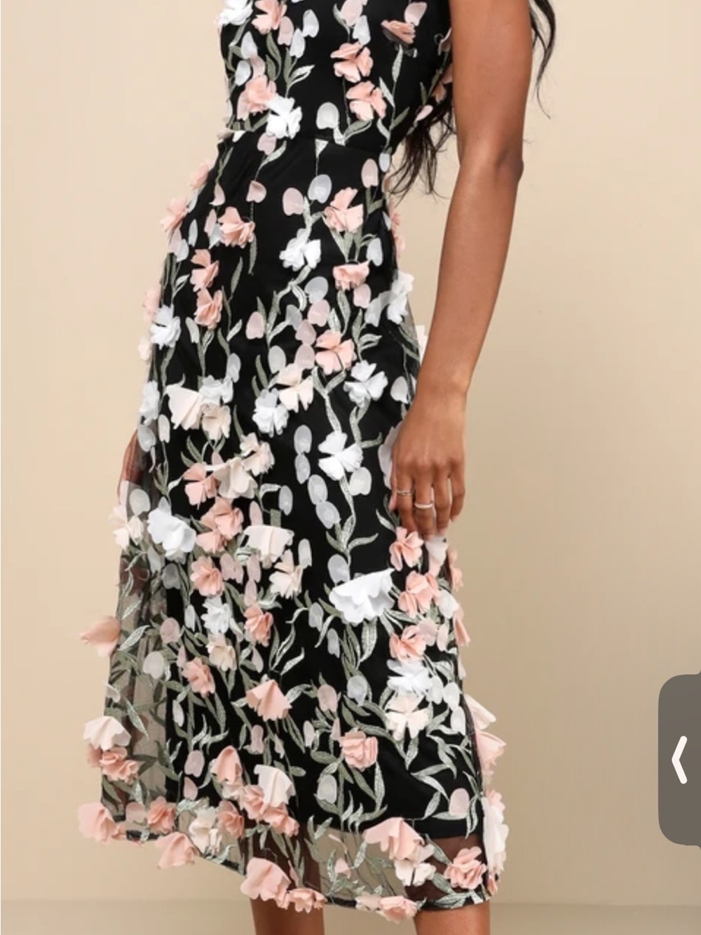 Lulu's Black Midi Dress with Blush & White Floral Appliqués